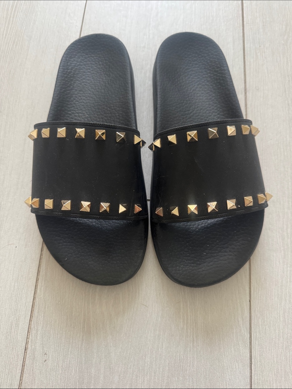 Valentino Garavani Black Slide Sandals with Gold  Studs